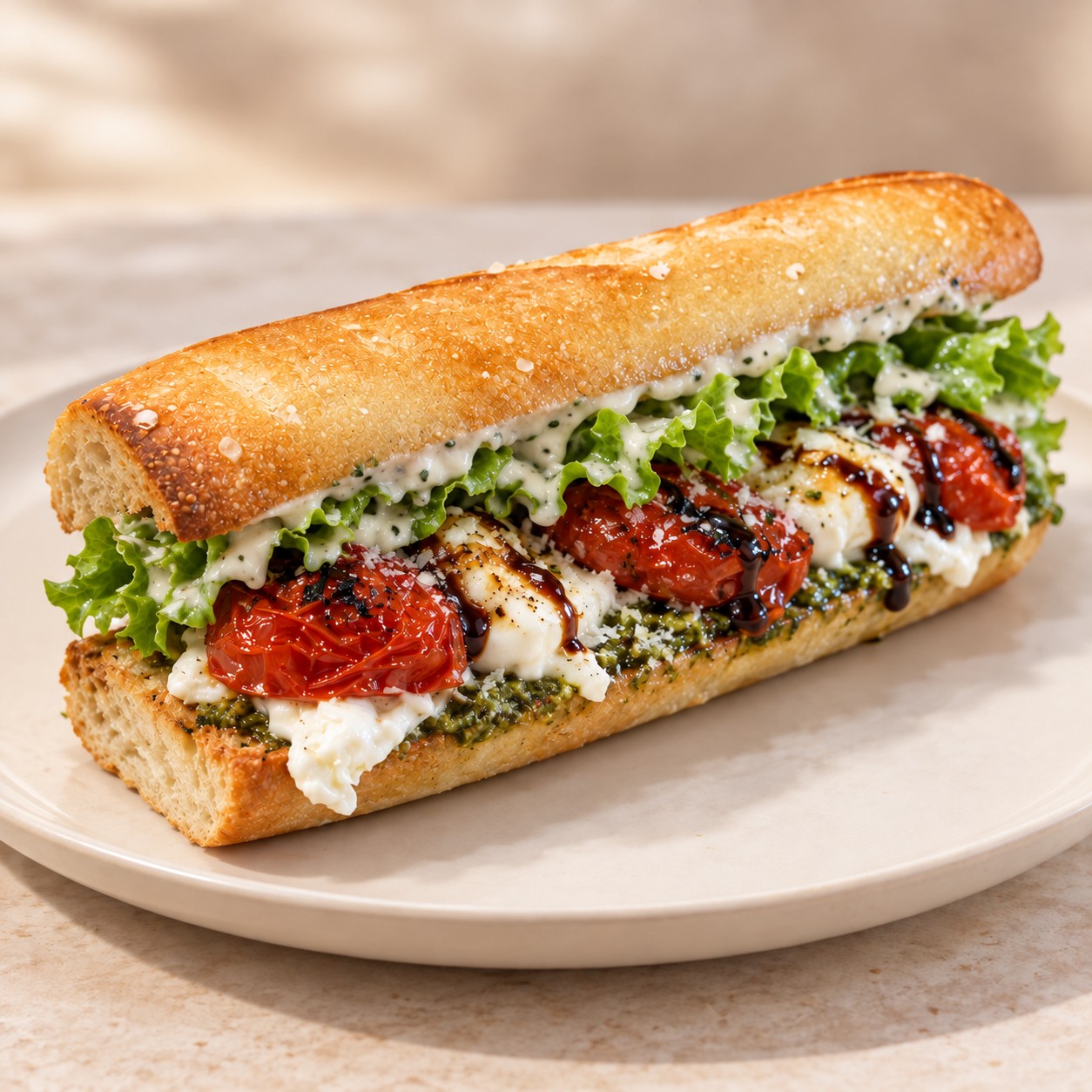La Caprese with roasted tomatoes, burrata, lettuce and pesto