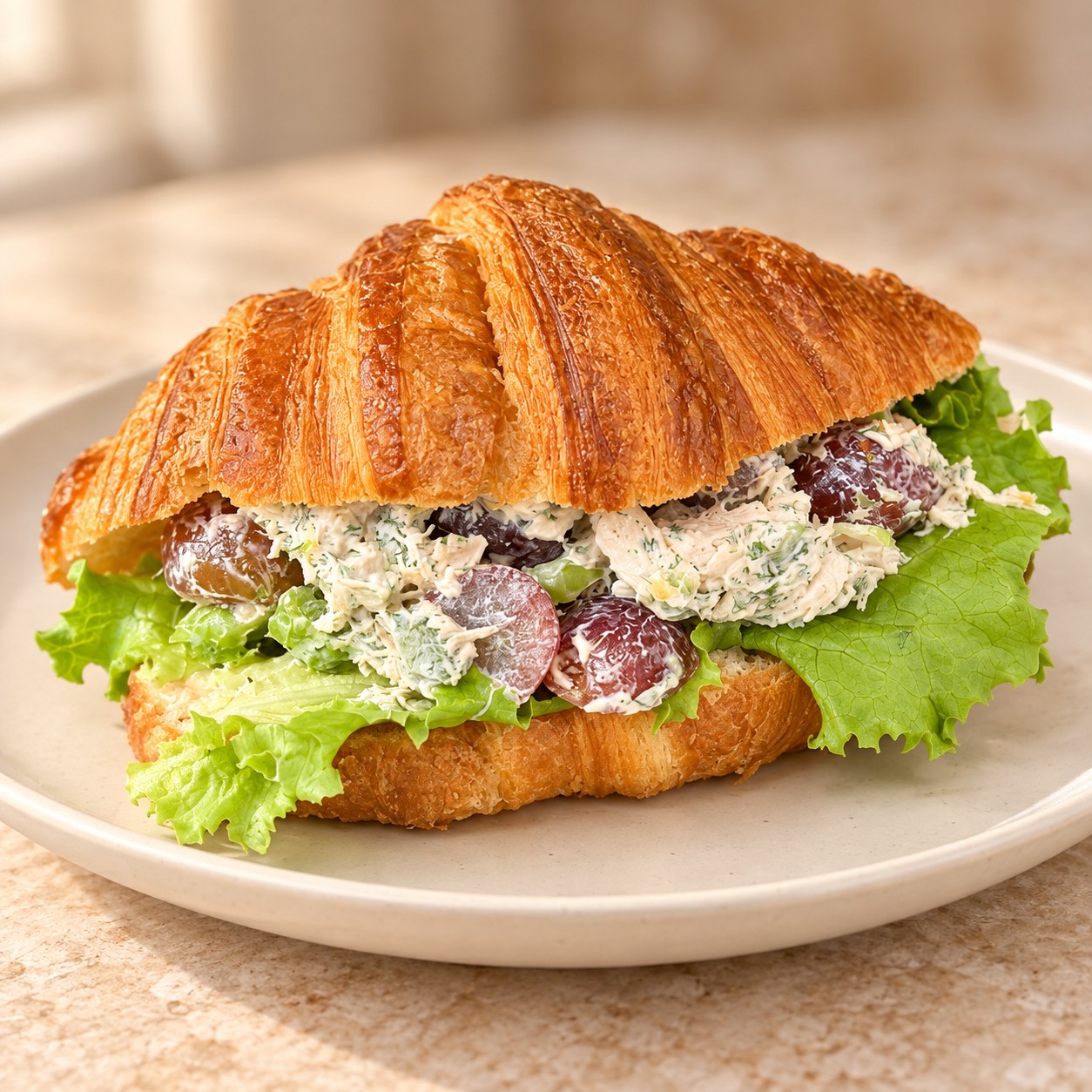 Chicken salad with red grapes on a flaky croissant