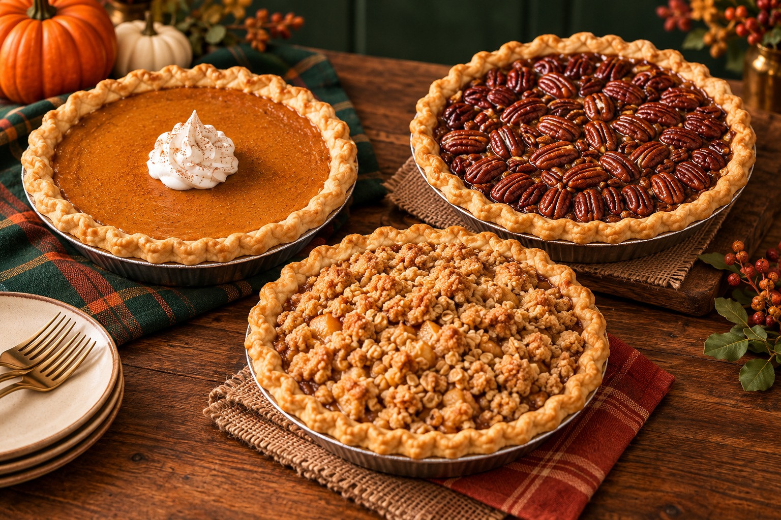 Whole pumpkin, brown butter pecan and apple crumb pies arranged on an autumn table