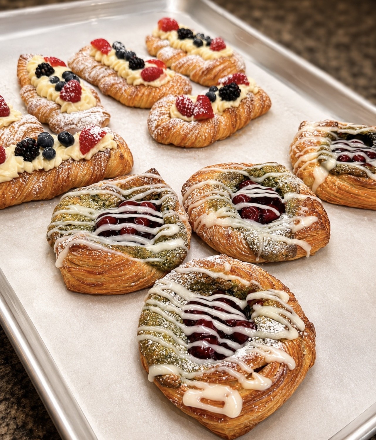 Assortment of fruit-filled and iced pastries from Alfonso’s bakery
